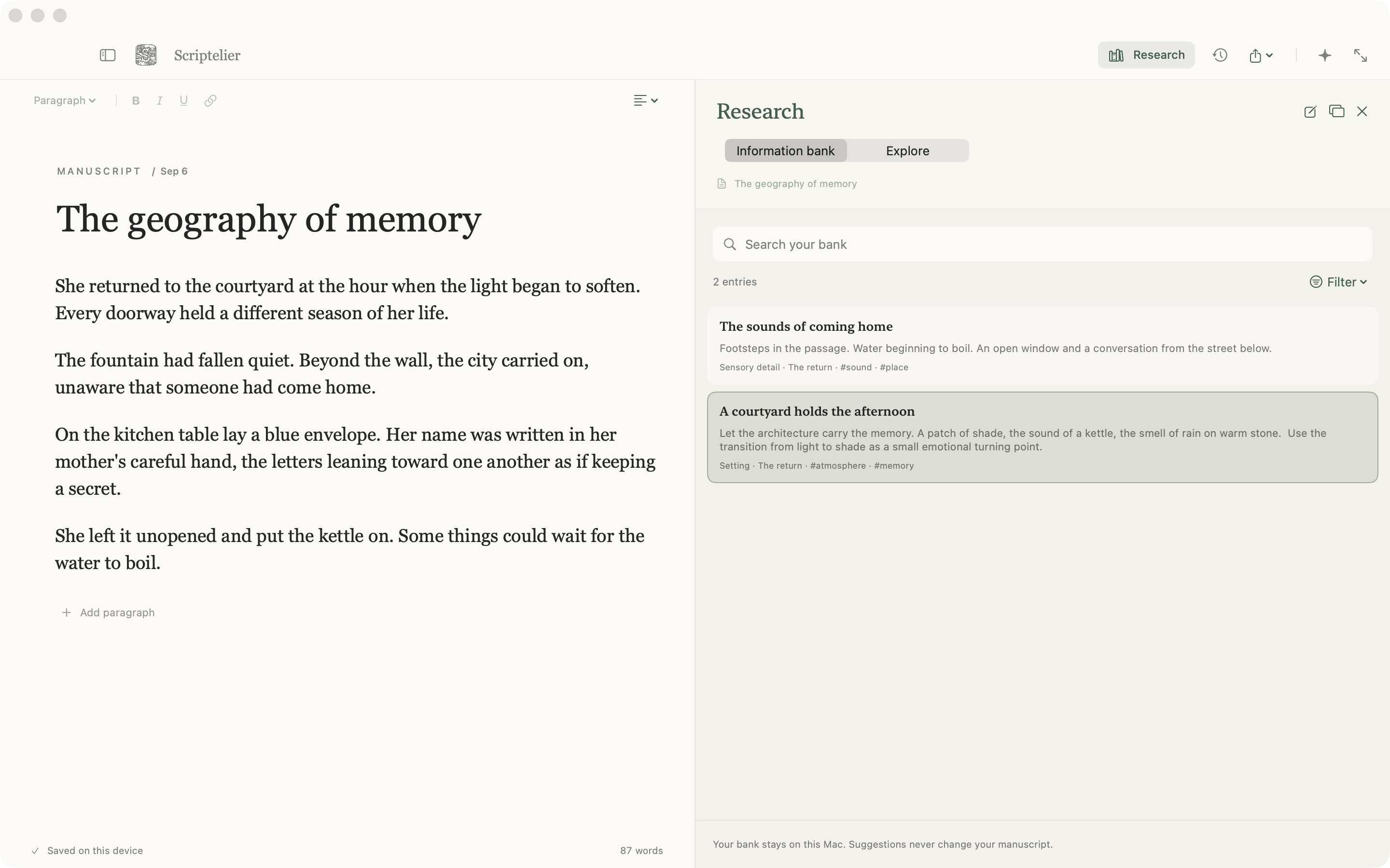 Scriptelier’s research bank docked beside a manuscript, with notes and source excerpts.